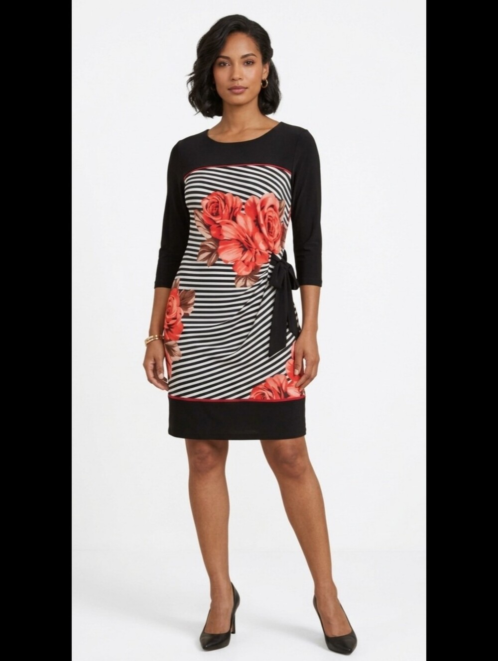 Enfocus Studio Striped Floral Faux Wrap Sheath Dress